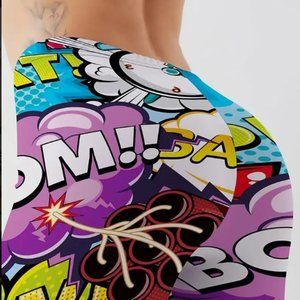 Cartoon Print Mid Waist Leggings, Color Block Slimming Yoga Fitness Long Pants,